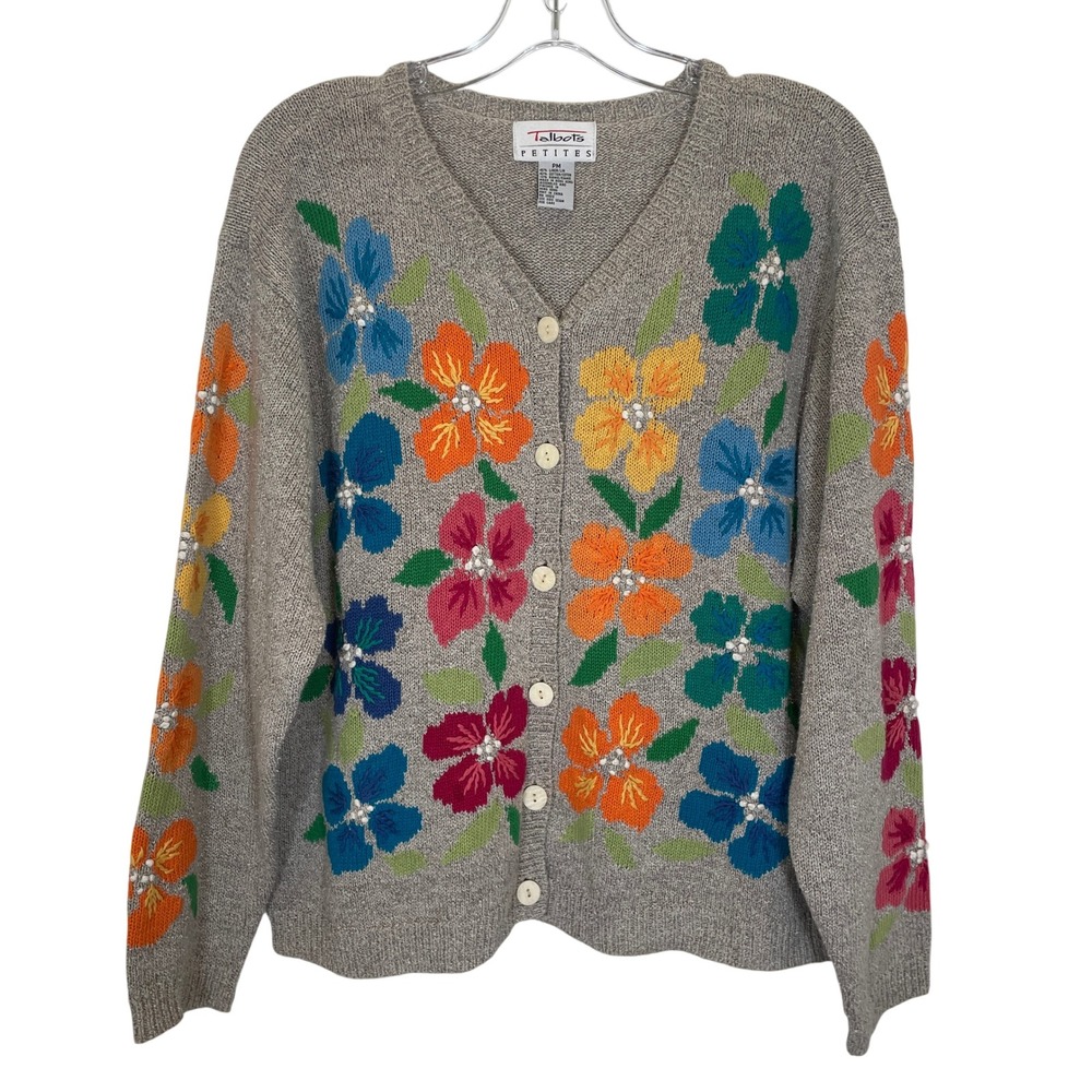 Talbots Vintage 90's Y2K Floral Embroidered Cardigan Sweater Linen Cotton PM